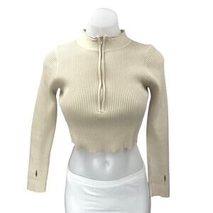 Princess Polly Beige Long Sleeve Ribbed Half Zip High Neck Crop Sweater Top S/M